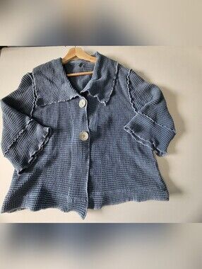 Focus Womens Lagenlook Cotton Waffle Knit Button Front Jacket Blue L